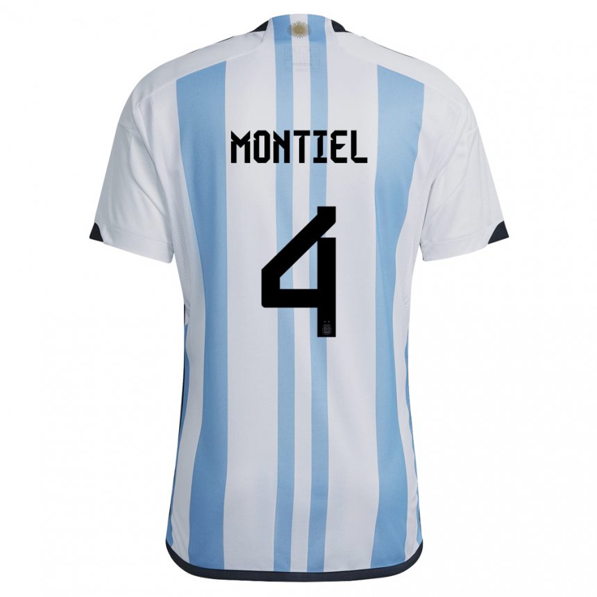 Enfant Maillot Argentine Gonzalo Montiel #4 Blanc Bleu Ciel Tenues Domicile 22-24 T-shirt Suisse