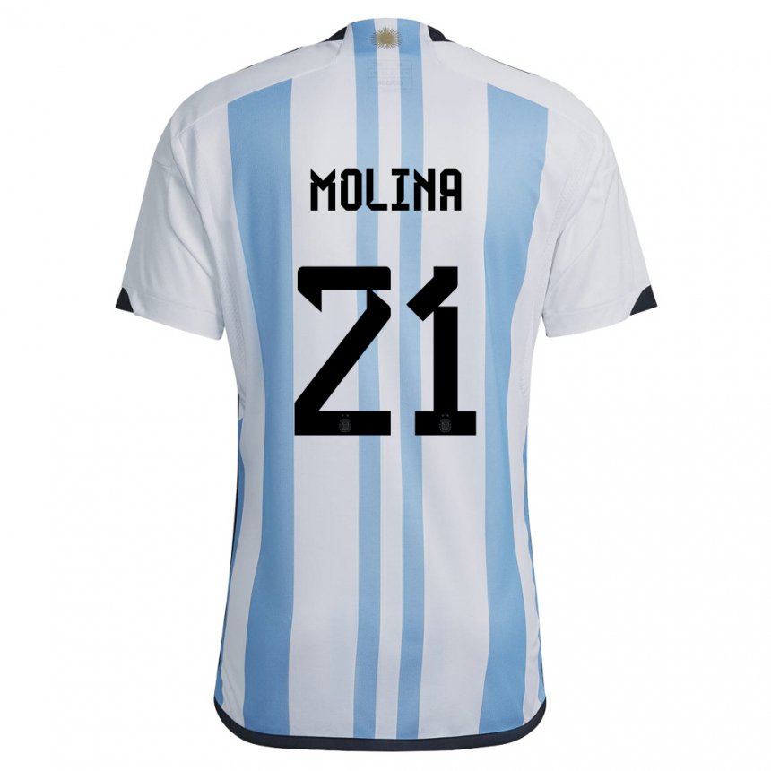Enfant Maillot Argentine Nahuel Molina #21 Blanc Bleu Ciel Tenues Domicile 22-24 T-shirt Suisse