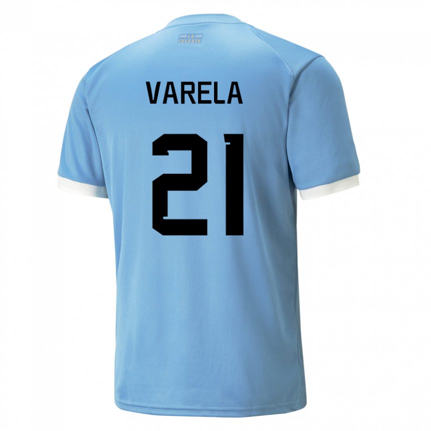 Enfant Maillot Uruguay Gullermo Varela #21 Bleue Tenues Domicile 22-24 T-shirt Suisse