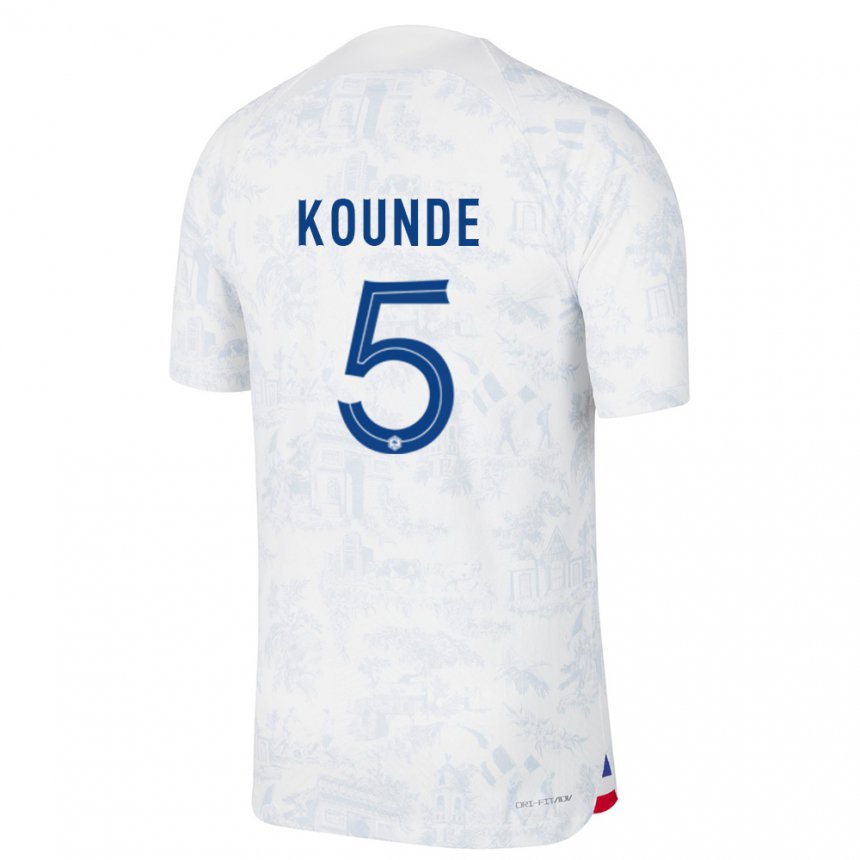 Enfant Maillot France Jules Kounde #5 Blanc Bleu Tenues Extérieur 22-24 T-shirt Suisse