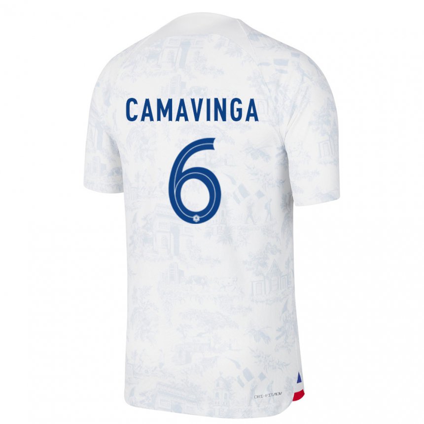 Enfant Maillot France Eduardo Camavinga #6 Blanc Bleu Tenues Extérieur 22-24 T-shirt Suisse