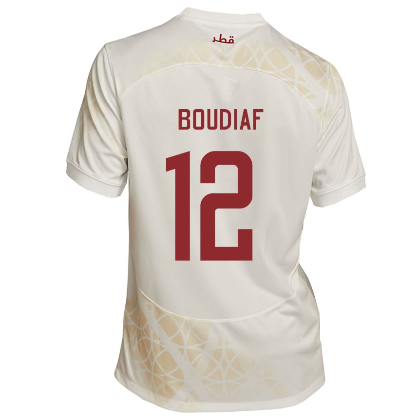 Kinder Katarische Karim Boudiaf #12 Goldbeige Auswärtstrikot Trikot 22-24 T-shirt Schweiz