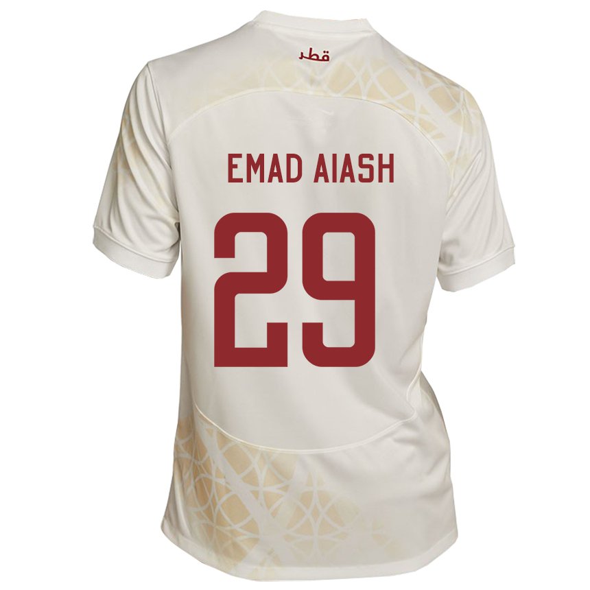 Enfant Maillot Qatar Mohamed Emad Aiash #29 Beige Doré Tenues Extérieur 22-24 T-shirt Suisse
