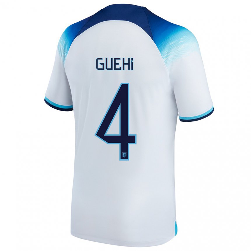 Homme Maillot Angleterre Marc Guehi #4 Blanc Bleu Tenues Domicile 22-24 T-shirt Suisse