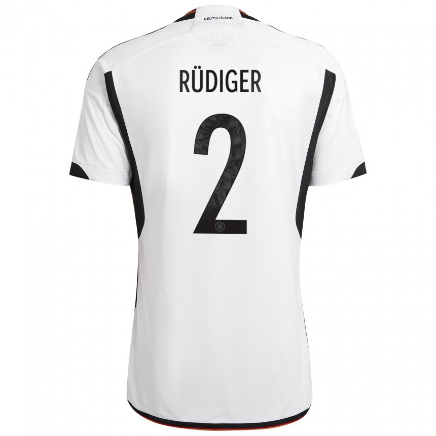 Homme Maillot Allemagne Antonio Rudiger #2 Blanc Noir Tenues Domicile 22-24 T-shirt Suisse