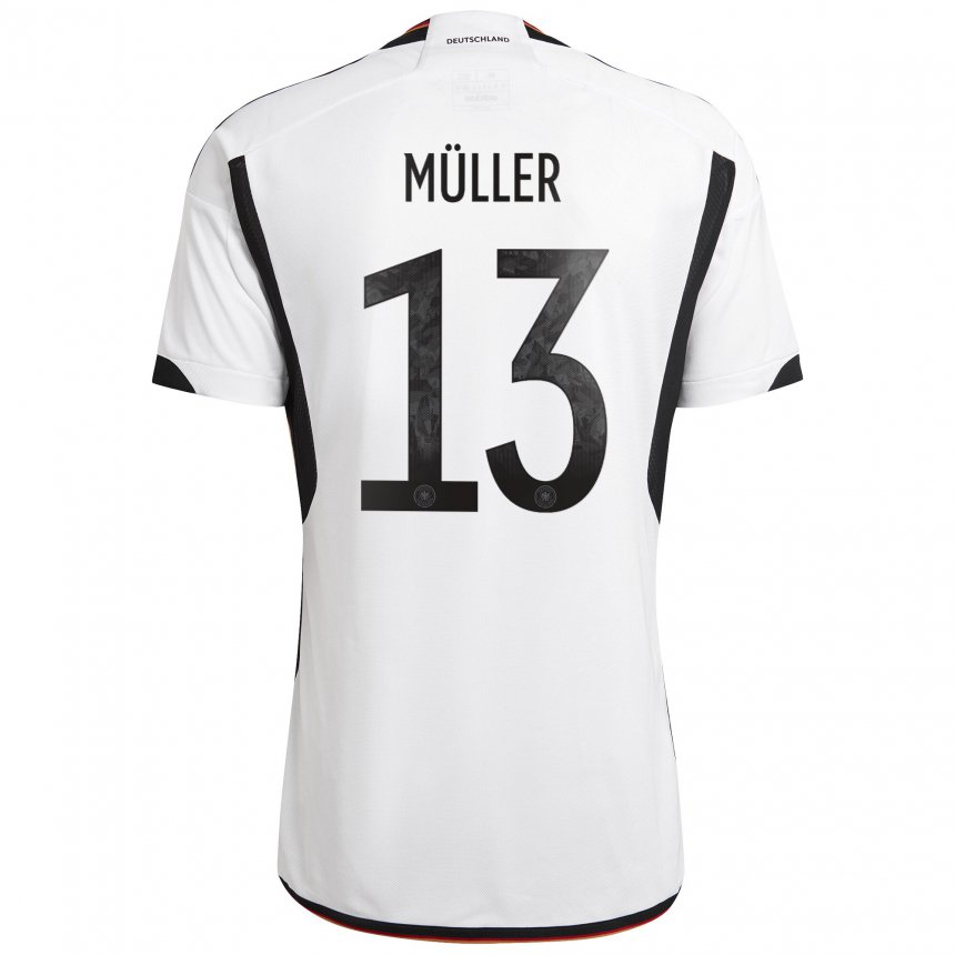 Homme Maillot Allemagne Thomas Muller #13 Blanc Noir Tenues Domicile 22-24 T-shirt Suisse