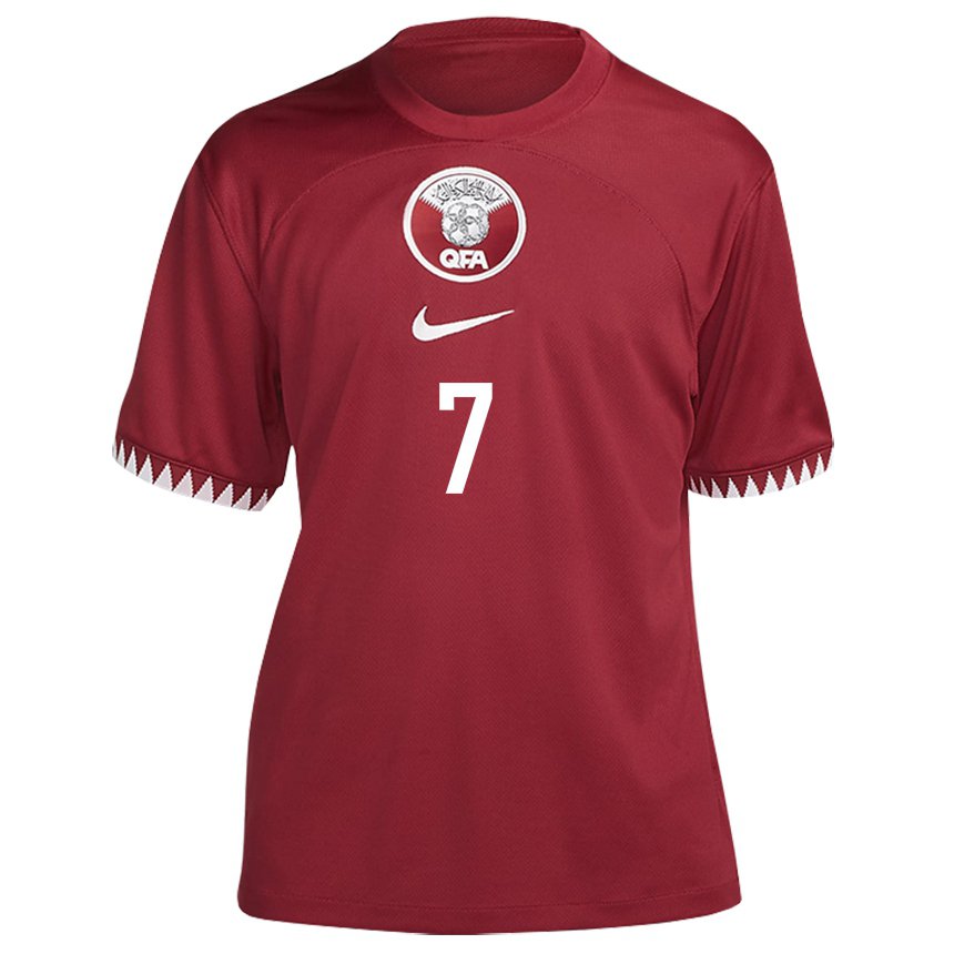 Homme Maillot Qatar Ahmed Alaaeldin #7 Bordeaux Tenues Domicile 22-24 T-shirt Suisse