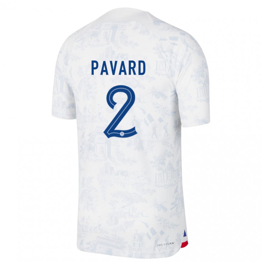 Homme Maillot France Benjamin Pavard #2 Blanc Bleu Tenues Extérieur 22-24 T-shirt Suisse