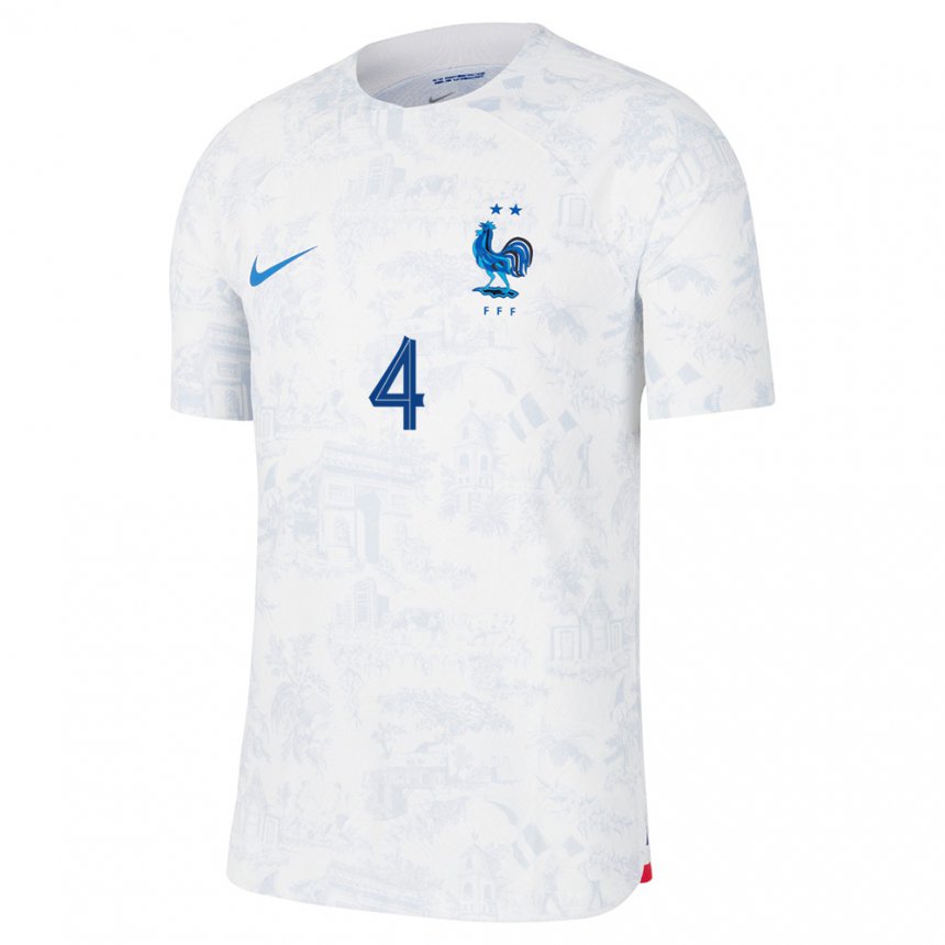 Homme Maillot France Raphael Varane #4 Blanc Bleu Tenues Extérieur 22-24 T-shirt Suisse