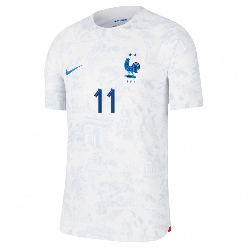 Homme Maillot France Ousmane Dembele #11 Blanc Bleu Tenues Extérieur 22-24 T-shirt Suisse