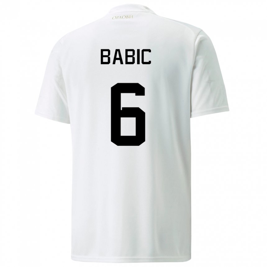 Homme Maillot Serbie Srdjan Babic #6 Blanc Tenues Extérieur 22-24 T-shirt Suisse