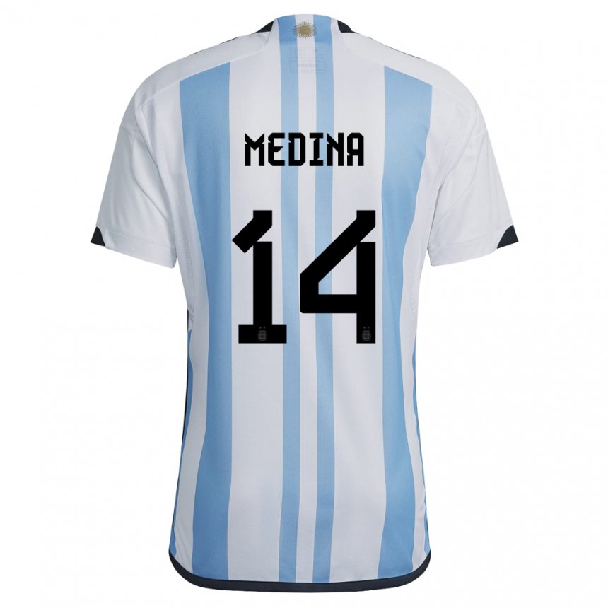 Femme Maillot Argentine Facundo Medina #14 Blanc Bleu Ciel Tenues Domicile 22-24 T-shirt Suisse