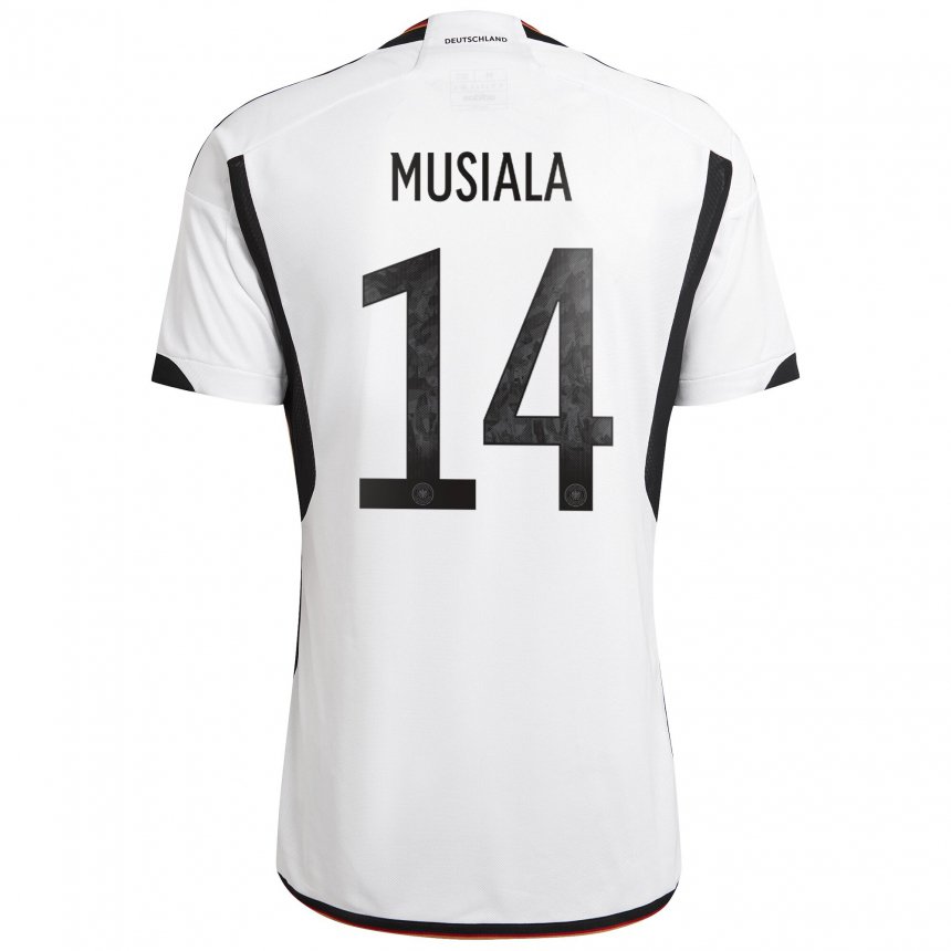 Femme Maillot Allemagne Jamal Musiala #14 Blanc Noir Tenues Domicile 22-24 T-shirt Suisse