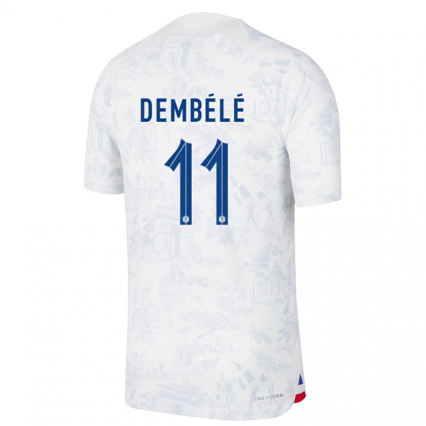 Femme Maillot France Ousmane Dembele #11 Blanc Bleu Tenues Extérieur 22-24 T-shirt Suisse
