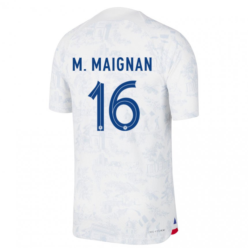 Femme Maillot France Mike Maignan #16 Blanc Bleu Tenues Extérieur 22-24 T-shirt Suisse