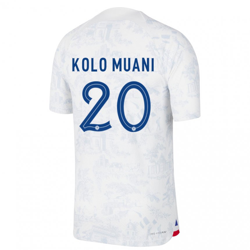 Femme Maillot France Randal Kolo Muani #20 Blanc Bleu Tenues Extérieur 22-24 T-shirt Suisse