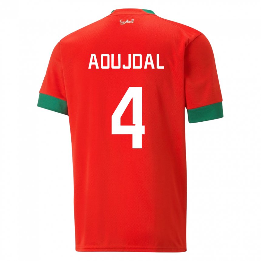 Homme Maillot Maroc Youssef Aoujdal #4 Rouge Tenues Domicile 22-24 T-shirt Suisse