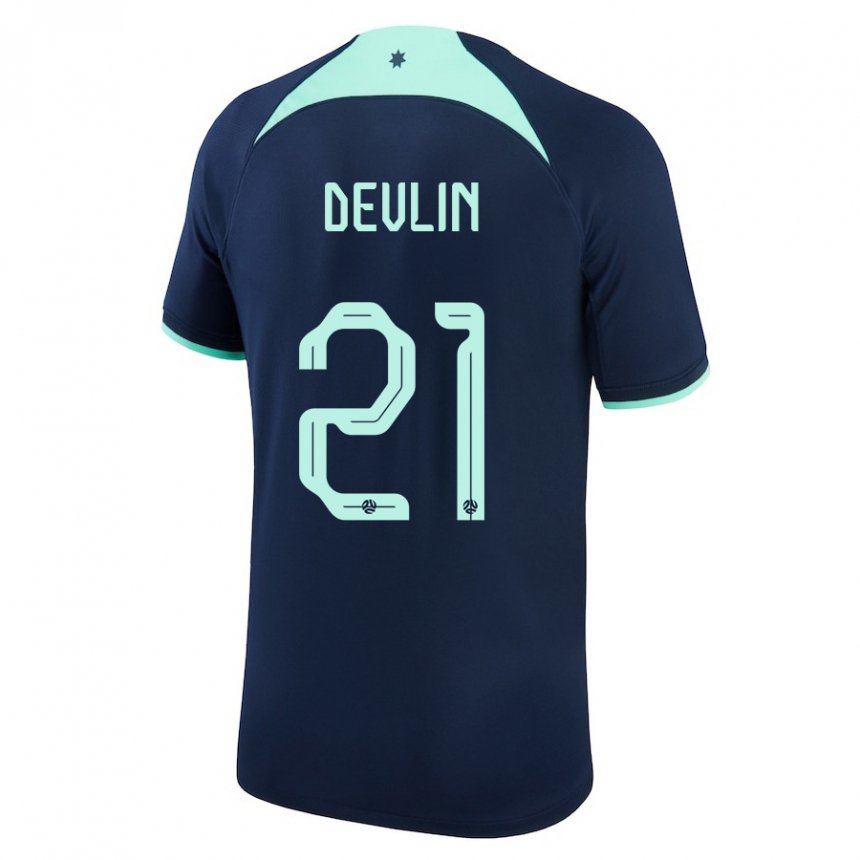 Homme Maillot Australie Cameron Devlin #21 Bleu Foncé Tenues Extérieur 22-24 T-shirt Suisse