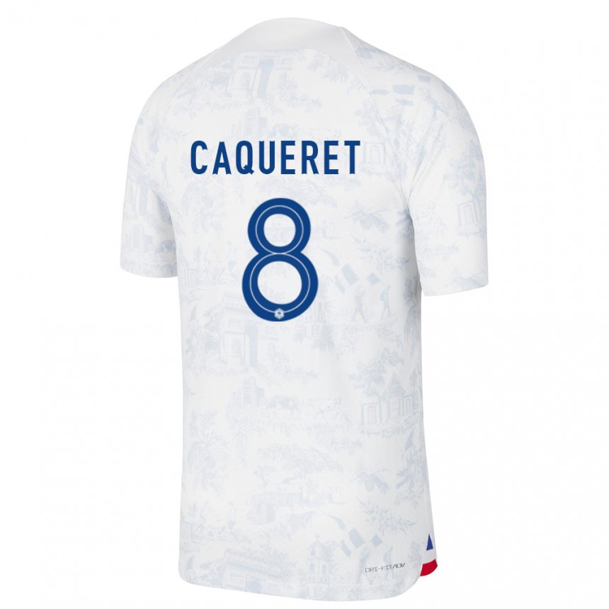 Homme Maillot France Maxence Caqueret #8 Blanc Bleu  Tenues Extérieur 22-24 T-shirt Suisse