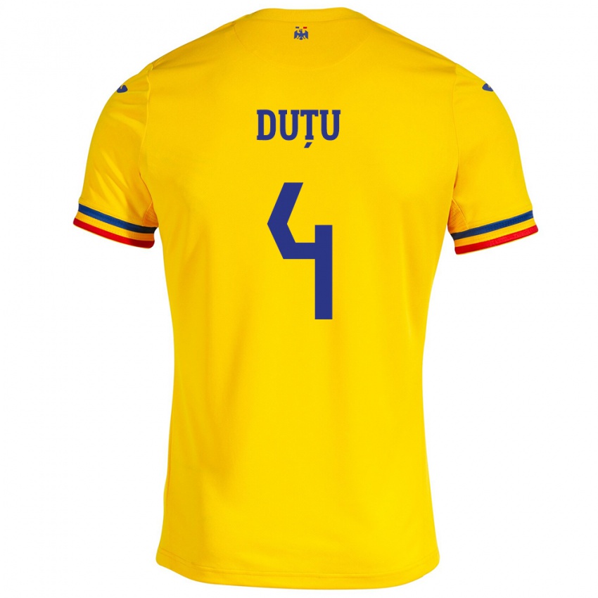 Homme Maillot Roumanie Ștefan Duțu #4 Jaune Tenues Domicile 24-26 T-Shirt Suisse