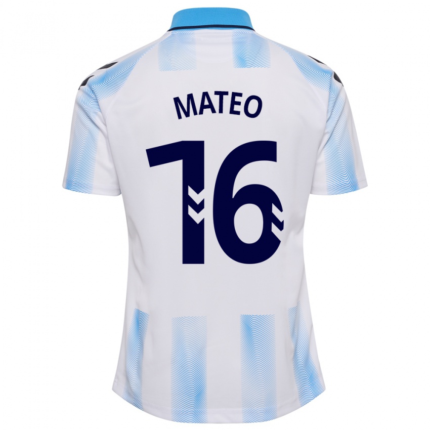 Femme Maillot Ángel Mateo #16 Blanc Bleu Tenues Domicile 2023/24 T-Shirt Suisse