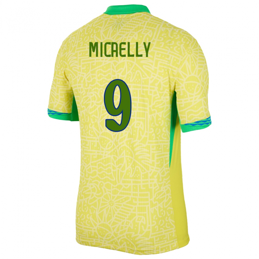 Enfant Maillot Brésil Micaelly #9 Jaune Tenues Domicile 24-26 T-Shirt Suisse