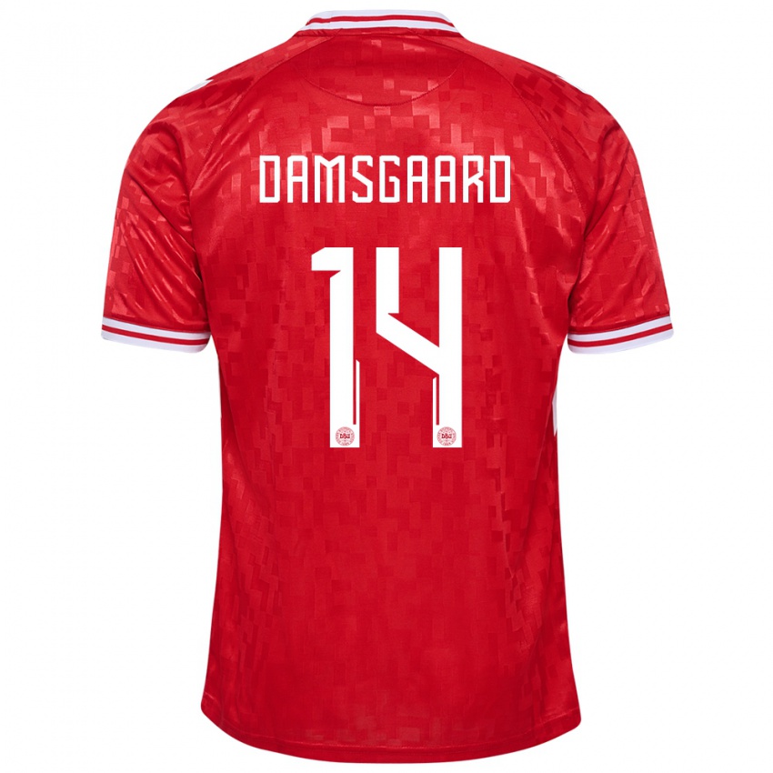 Enfant Maillot Danemark Mikkel Damsgaard #14 Rouge Tenues Domicile 24-26 T-Shirt Suisse