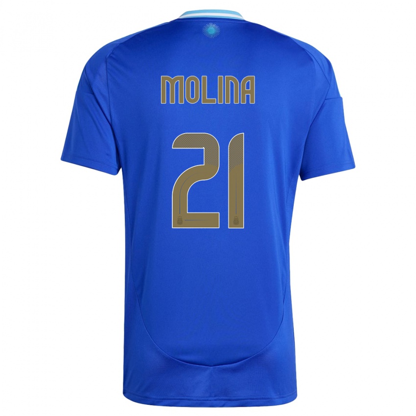 Kinder Argentinien Nahuel Molina #21 Blau Auswärtstrikot Trikot 24-26 T-Shirt Schweiz