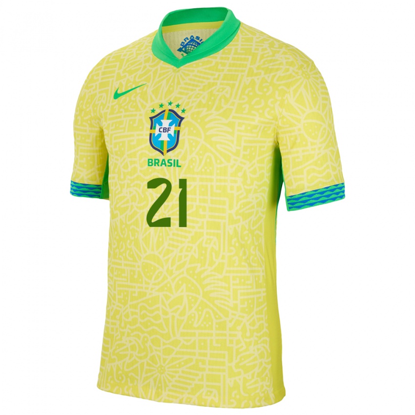 Homme Maillot Brésil Matheus Cunha #21 Jaune Tenues Domicile 24-26 T-Shirt Suisse