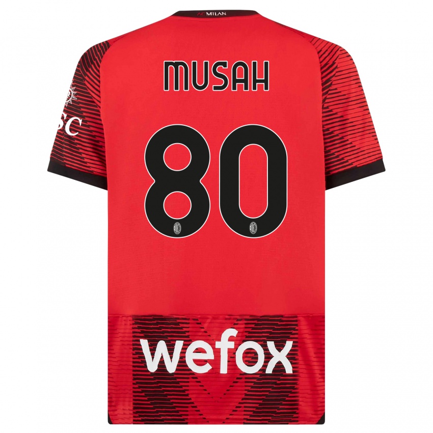 Enfant Maillot Yunus Musah #80 Rouge Noir Tenues Domicile 2023/24 T-Shirt Suisse