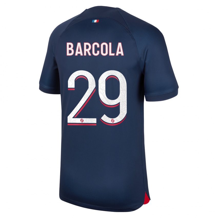 Enfant Maillot Bradley Barcola #29 Bleu Rouge Tenues Domicile 2023/24 T-Shirt Suisse