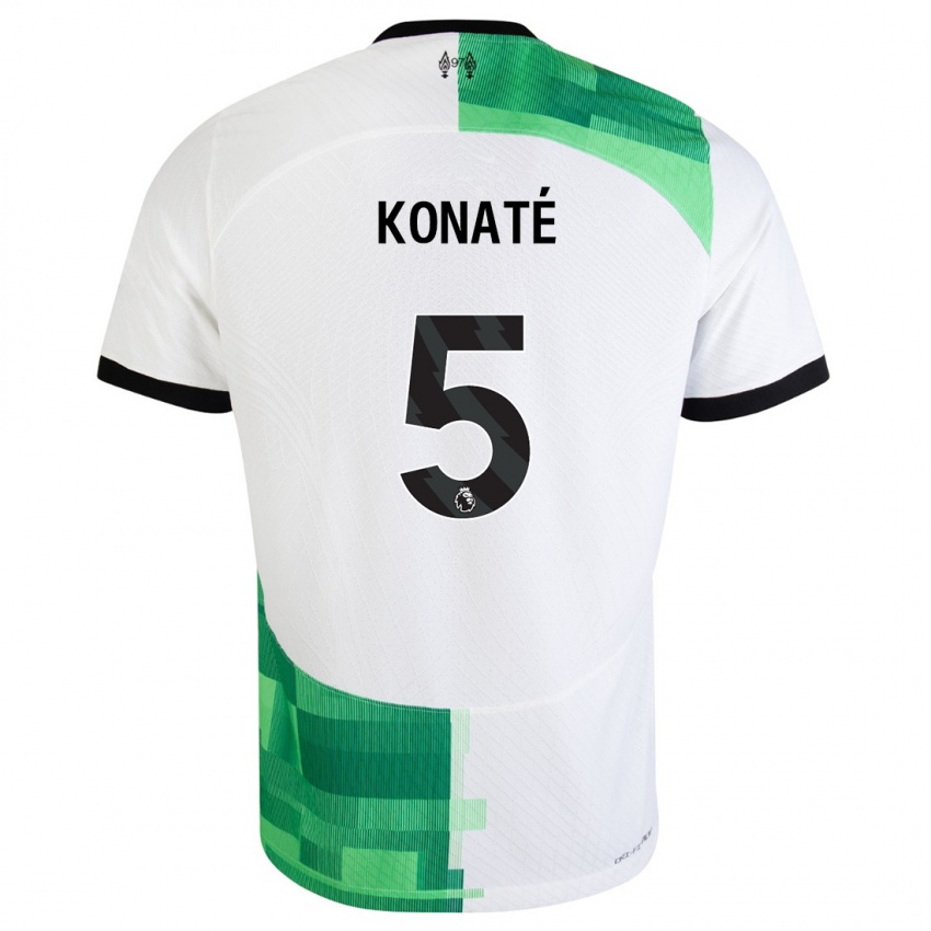 Enfant Maillot Ibrahima Konaté #5 Blanc Vert Tenues Extérieur 2023/24 T-Shirt Suisse
