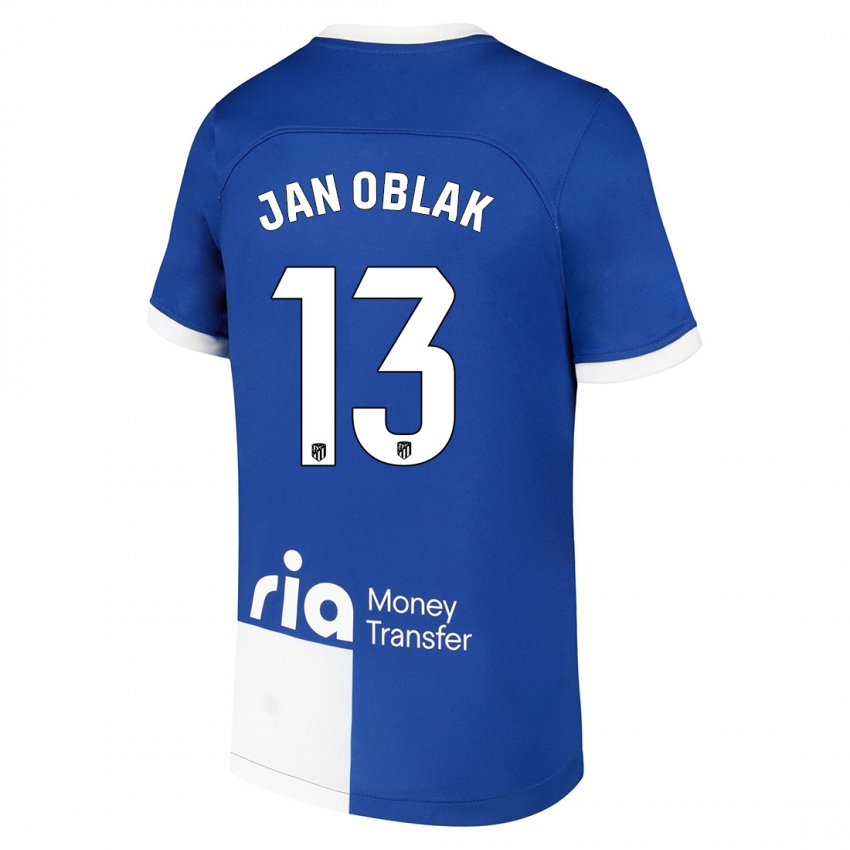 Enfant Maillot Jan Oblak #13 Bleu Blanc Tenues Extérieur 2023/24 T-Shirt Suisse