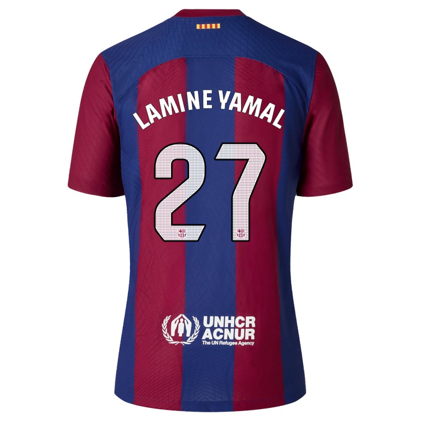 Homme Maillot Lamine Yamal #27 Rouge Bleu Tenues Domicile 2023/24 T-Shirt Suisse