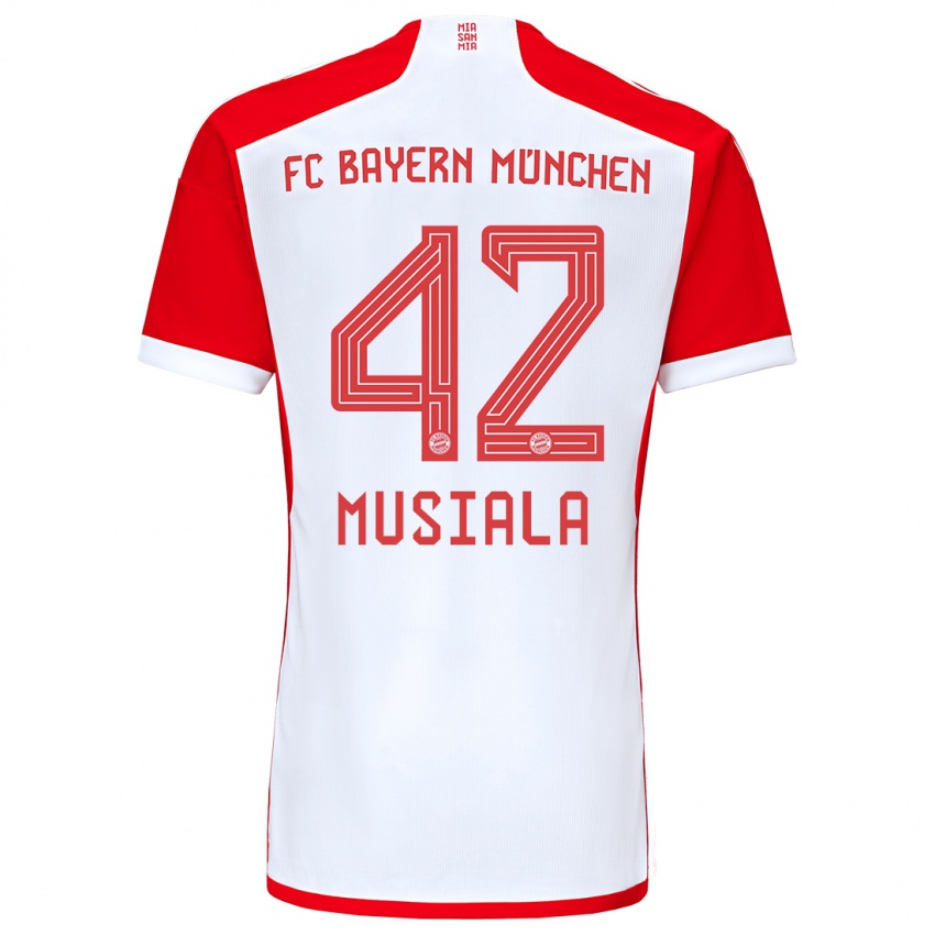 Homme Maillot Jamal Musiala #42 Rouge Blanc Tenues Domicile 2023/24 T-Shirt Suisse