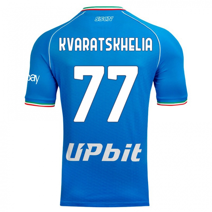 Homme Maillot Khvicha Kvaratskhelia #77 Bleu Ciel Tenues Domicile 2023/24 T-Shirt Suisse