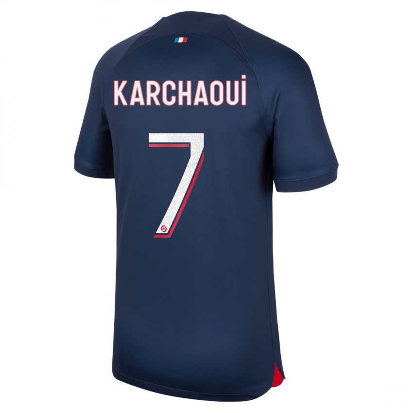 Homme Maillot Sakina Karchaoui #7 Bleu Rouge Tenues Domicile 2023/24 T-Shirt Suisse