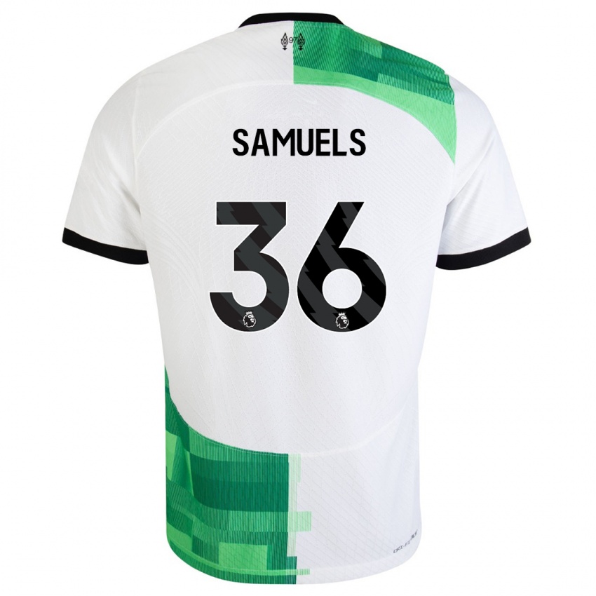 Femme Maillot Kerron Samuels #36 Blanc Vert Tenues Extérieur 2023/24 T-Shirt Suisse