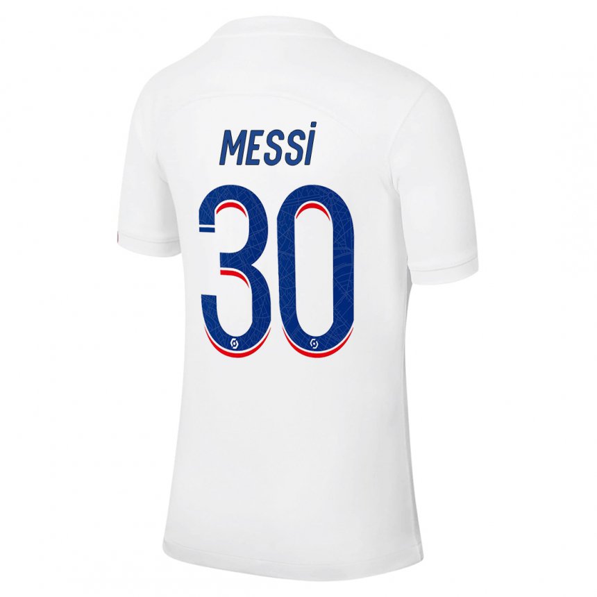 Enfant Maillot Lionel Messi #30 Blanc Bleu Troisieme 2022/23 T-shirt Suisse